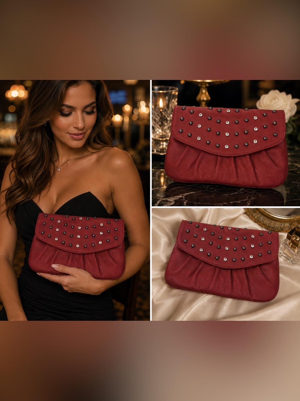 Brick Red Studded Rhinestone Envelope Clutch Evening Bag Purse